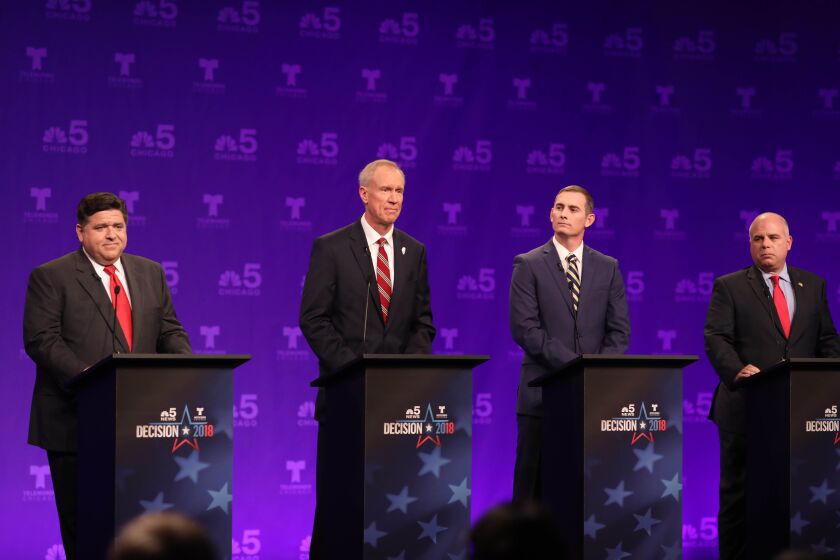 Gubernatorial forum last month featuring, from left, Democratric candidate J.B. Pritzker, Republican Gov. Bruce Rauner, Libertarian candidate Kash Jackson and Conservative candidate Sam McCann. | NBC Chicago