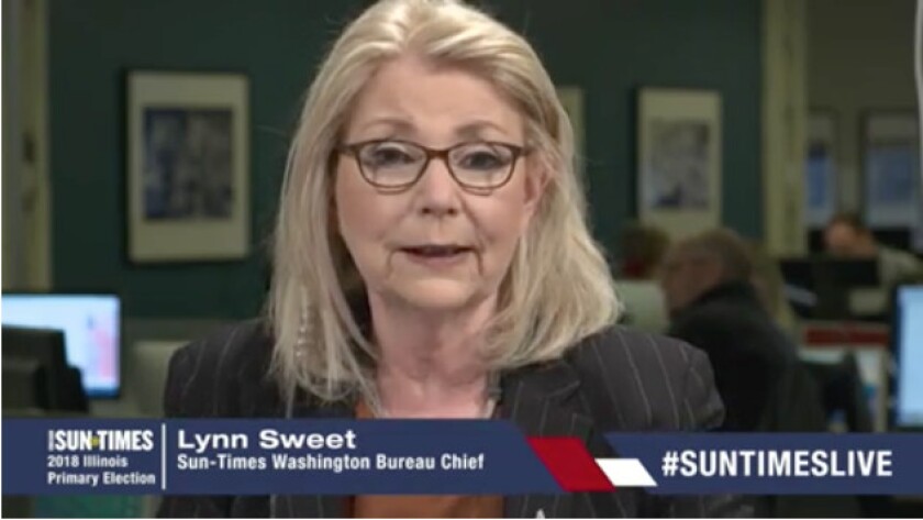 Sun-Times Washington Bureau Chief Lynn Sweet hosts #suntimeslive, the newspaper’s election night livestream show, on March 20. | Sun-Times photo