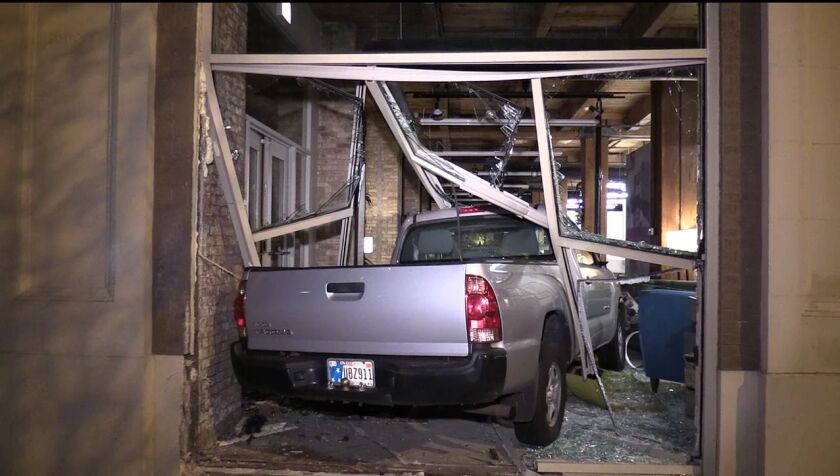 Police are looking for the driver of a pickup that crashed into Cort Furniture Rental early Wednesday in the 500 block of North Lake Shore Drive. | Network Video Productions