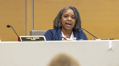 Mayor Katrina Thompson addresses public commenters comments during a board meeting at the Broadview Village Hall in suburban Broadview, Monday, Nov. 3, 2025. | Tyler Pasciak LaRiviere/Sun-Times
