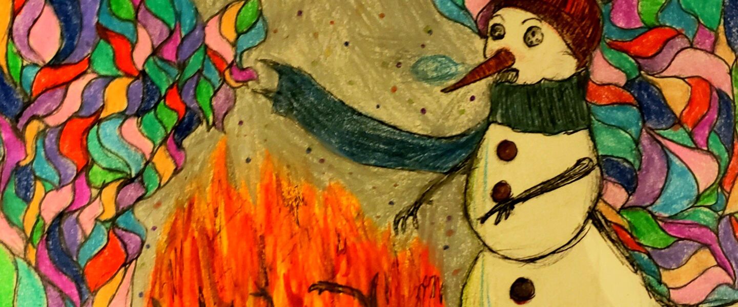 A snowman a little close to the fire by Osvaldo S., 17, a junior at Whitney Young Magnet High School on the Near West Side.