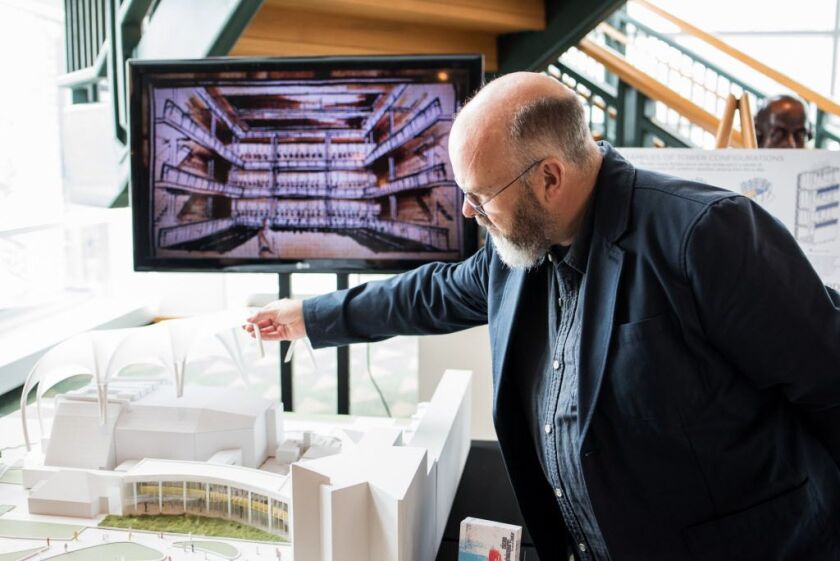 Andy Hayles of Charcoalblue demonstrates how The Yard at Chicago Shakespeare sits right under the tent at Navy Pier. | Max Herman/For the Sun-Times