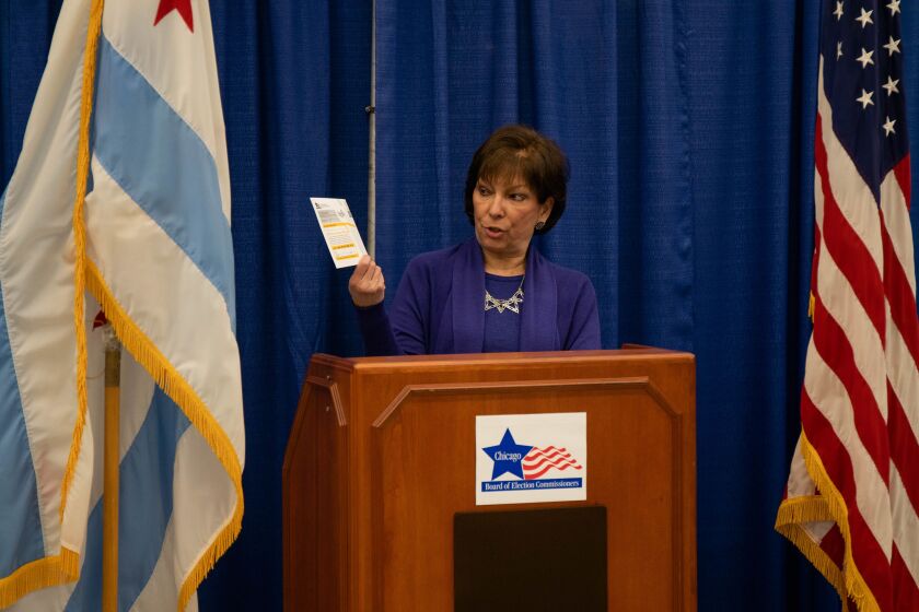Marisel Hernandez, chairwoman of the Chicago Board of Election Commissioners, speaks during a news conference at the Loop Super Site last month.