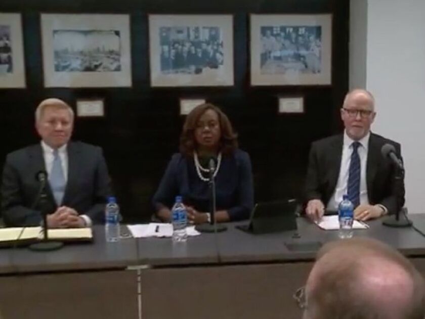 L-R: Bob Fioretti, Dorothy Brown and Paul Vallas participate in a forum at the Chicago Tribune on Wednesday. From Facebook.