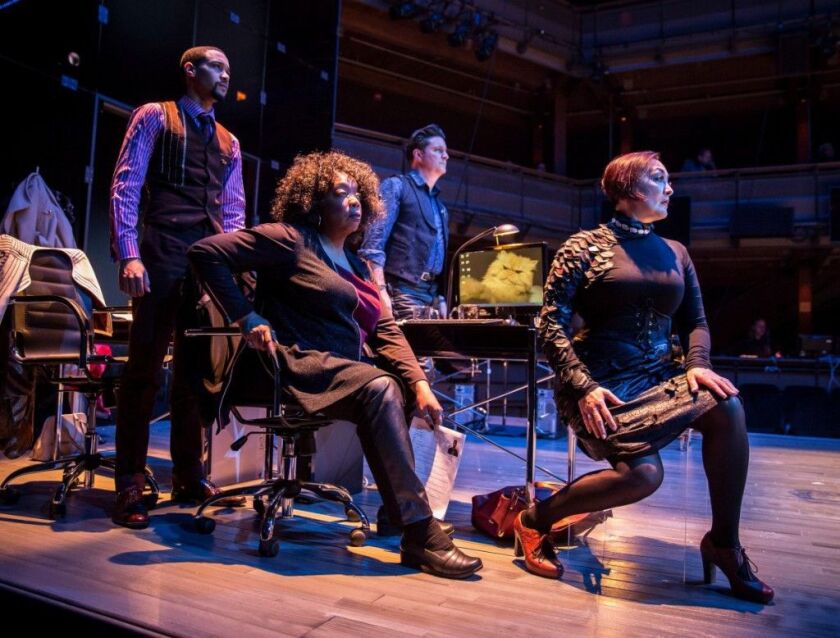 Eric Lynch (from left), Jacqueline Williams, Tim Decker and Lisa Tejero in the Goodman Theatre production of “stop.reset.” (Photo: Liz Lauren)