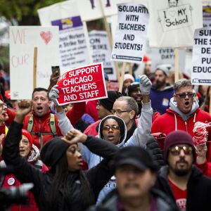 Thousands of striking Chicago Teachers Union members and their supporters march through the Loop, Thursday afternoon, Oct. 17, 2019.