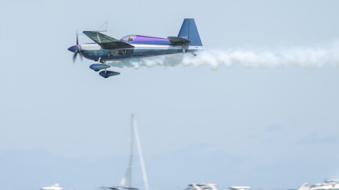 A stunt plane performs aerial acrobatics over North Avenue Beach during the Chicago Air and Water Show, Saturday, Aug. 10, 2024. | Tyler Pasciak LaRiviere/Sun-Times