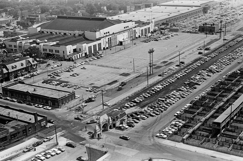 Aerial views of International Amphitheatre and Hilton Hotel