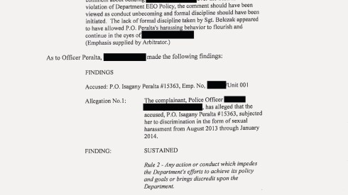 A highlighted and redacted document describing findings from an investigation into officer misconduct.
