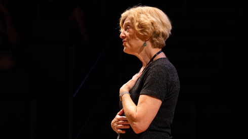 Carey Perloff, director of ‘Leopoldstadt’ speaks to actors during a rehearsal of scene 4 of ‘Leopoldstadt’ at the Writers Theatre in suburban Glencoe, Friday, May 29, 2026.