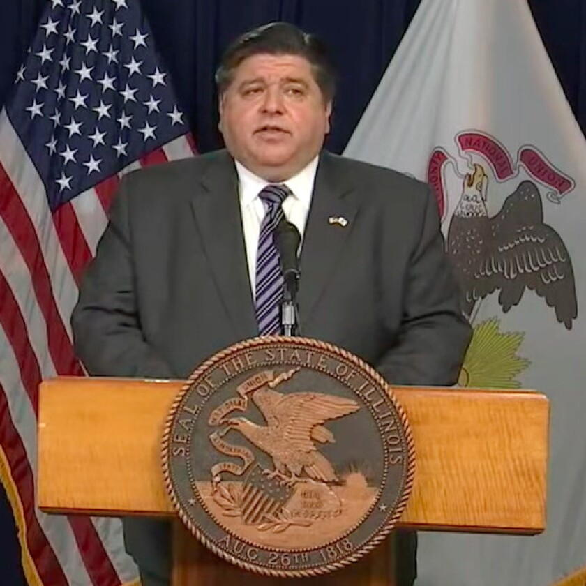 Gov. J.B. Pritzker speaks at a COVID-19 briefing Wednesday at the Thompson Center in the Loop.