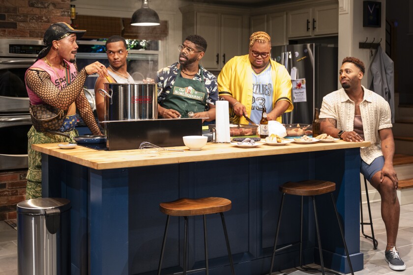 Joseph Anthony Byrd (from left), Jabari Khaliq, Breon Arzell, Thee Ricky Harris and Jos N. Banks star in "The Hot Wing King" at Writers Theatre.