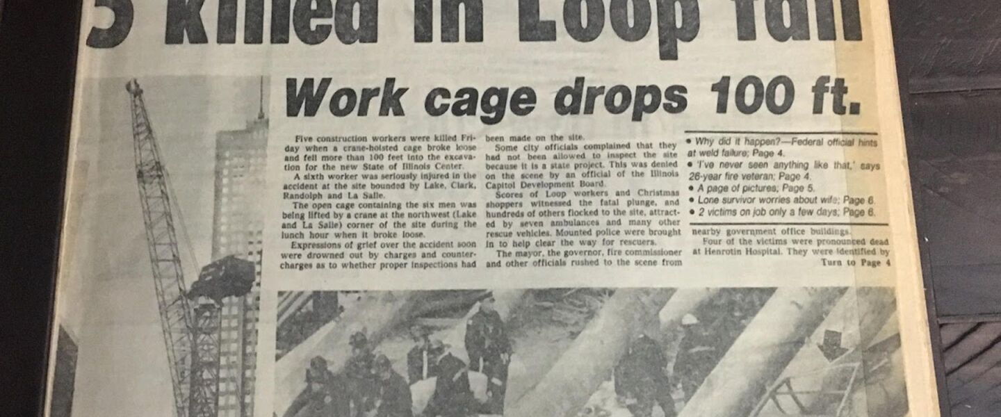The Chicago Sun-Times front page after Phillip D. Rios survived a 1981 Loop construction accident that took the lives of five other workers.