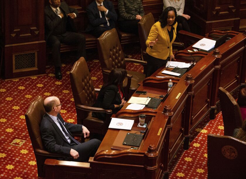State Senate Majority Leader Kimberly Lightford, D-Maywood, and then future state Senate President Don Harmon, D-Oak Park, on the Senate floor last year.