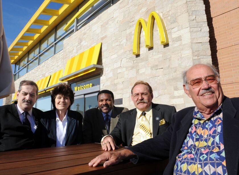 McDonald’s shareholders gather before the 2008 annual meeting in Oak Brook. They are (from left) Maury Wexler, Rosemary Muzik, Byron Stewart, John Miller and Martin Glotzer.