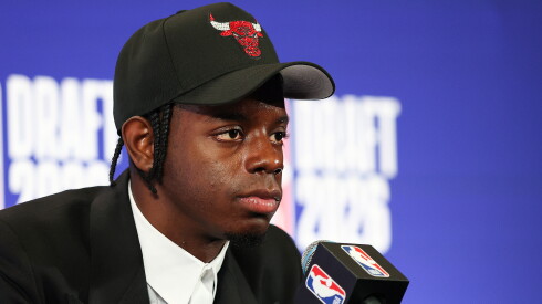 Caleb Wilson speaks to the media after he is drafted fourth overall by the Chicago Bulls during Round One of the 2026 NBA Draft at Barclays Center on Tuesday, June 23, 2026, in New York City.