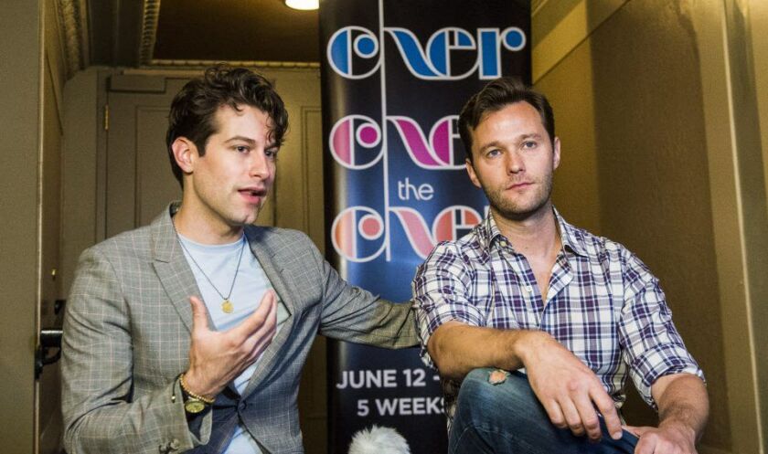 Michael Campayno (left) who plays Rob Camiletti and Matthew Hydzik (right) who portrays Gregg Allman discuss their roles in the upcoming “The Cher Show ,” Tuesday, June 5, 2018, at Chicago’s Oriental Theatre. | Tyler LaRiviere/Sun-Times