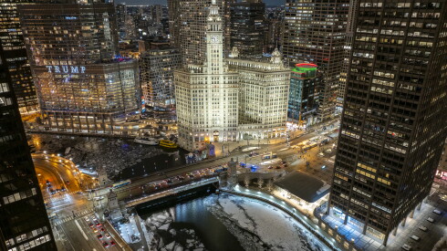 The Wrigley Building and the Chicago River seen from the air on Tuesday.