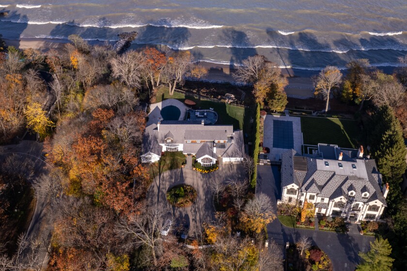 An aerial view of the home (center) of Jill Fitzgerald on Sheridan Road in Winnetka. Cook County Assessor Fritz Kaegi hastold her she has pay $294,889 for tax breaks she got on her lakefront mansion because Kaegi believes she doesn't qualify for them,