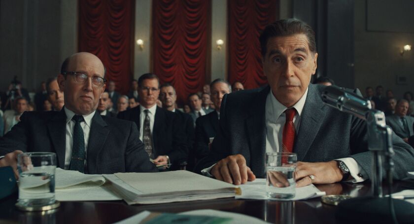 This image released by Netflix shows Al Pacino, right, in a scene from “The Irishman.”