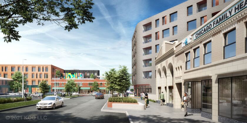 A rendering of plans near 79th Street and Exchange Avenue. The Ringer Building has the arched entrances. City officials said the building dates from 1928.