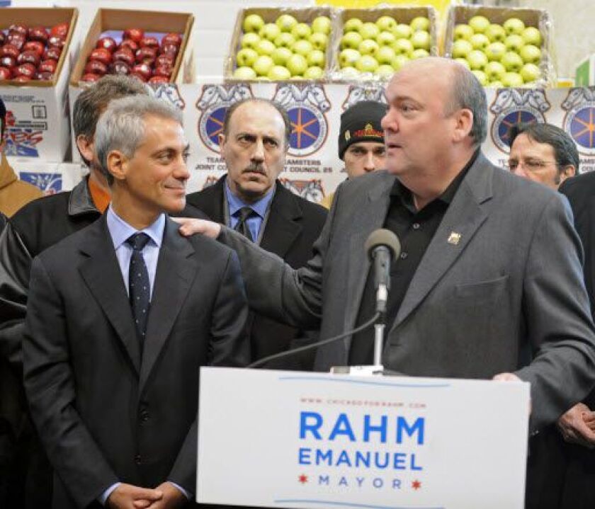 In his first run for mayor, Rahm Emanuel gets endorsed by John T. Coli Sr., then-president of the Teamsters Joint Council 25, on Jan. 25, 2011. I Sun-Times files