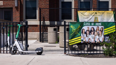 E-scooters on campus at Lane Tech College Prep High School.