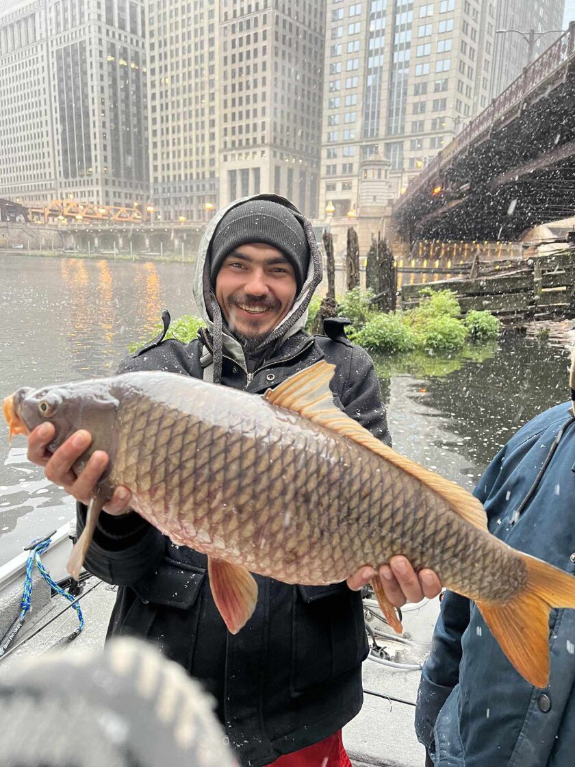 Jesse Gonzalez with a big carp caught in the snow from the Chicago River. Credit: Jeffrey Williams