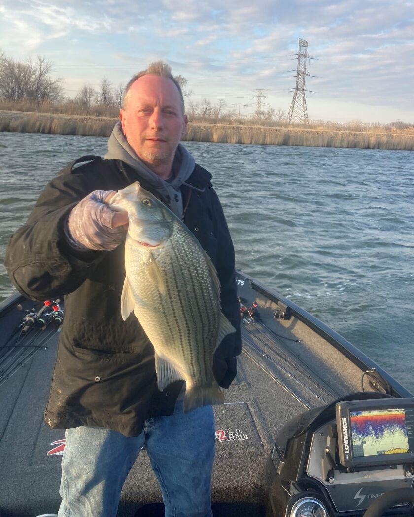 Joel Wilson with a good hybrid striped bass from Braidwood Lake. Photo provided by Bob Johnson