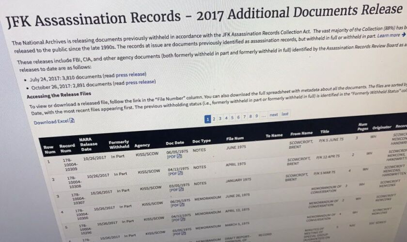 Part of a web page shows the page from the National Archives showing a listing of records released on Thursday, Oct. 26, 2017, in Washington, relating to the assassination of President John F. Kennedy. | Jon Elswick/AP photo
