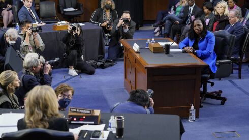 Supreme Court nominee Judge Ketanji Brown Jackson is questioned by Sen. Marsha Blackburn, R-Tenn., (front left) during her testimony before the Senate Judiciary Committee on Wednesday, March 23, 2022.