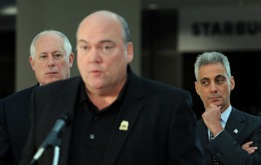 Then-Chicago Teamsters boss John Coli Sr. on Oct. 21, 2011, with Gov. Pat Quinn and Mayor Rahm Emanuel, announcing labor settlements against McCormick Place. | Sun-Times files