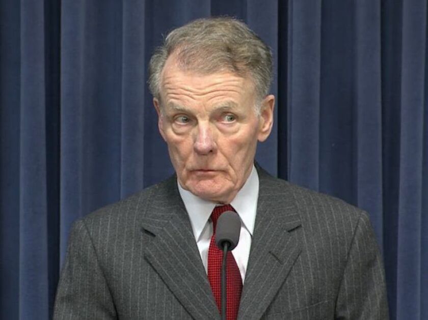 House Speaker Mike Madigan listens to a reporter’s question at a news conference in Springfield earlier this year. Screen image.