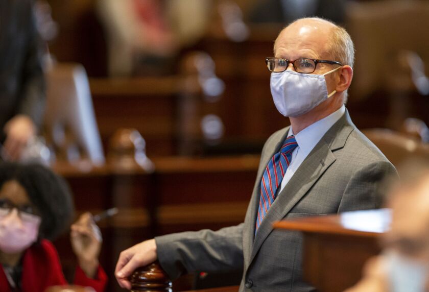 State Senate President Don Harmon, D-Oak Park, stands on the floor of the Senate in June.