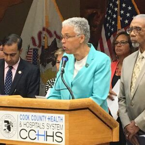 Cook County Board President Toni Preckwinkle was joined by several members of Congress, including Bobby Rush (right) at a news conference in September.