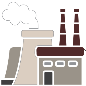 An illustration of a power plant generating electricity, with two smokestacks in the background along with a hyperboloid cooling tower, the latter of which is seen commonly in nuclear power plants. A power line seems to be stretching from the facility past the right edge of the image.