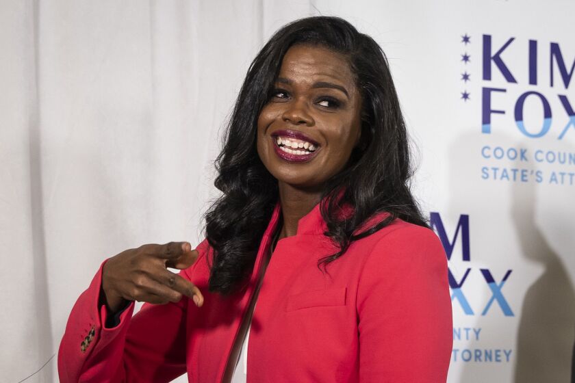 Incumbent Cook County State’s Attorney Kim Foxx defeats Republican candidate Pat O’Brien in the general election and dances as she finishes her election night headquarters speech at the Kinzie Hotel on the Near North Side, Tuesday night, Nov. 3, 2020.