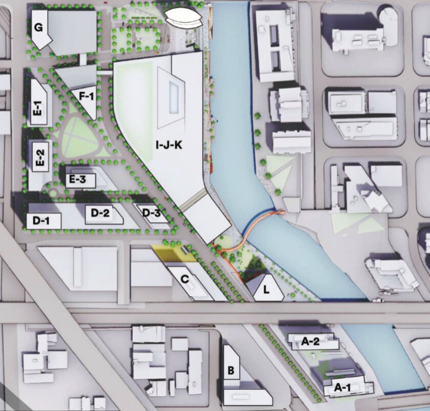 An aerial map of the proposed Bally’s casino, which is marked “I-J-K.”