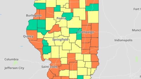 COVID-19 transmission is considered high in counties marked orange, medium in those marked yellow and low in those marked green.