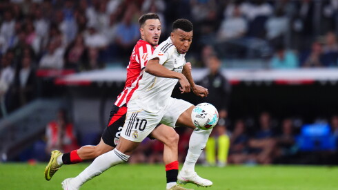 Athletic Bilbao's Andoni Gorosabel guards Real Madrid's Kylian Mbappe during a La Liga soccer match in Madrid, Spain, on Saturday, May 23, 2026.