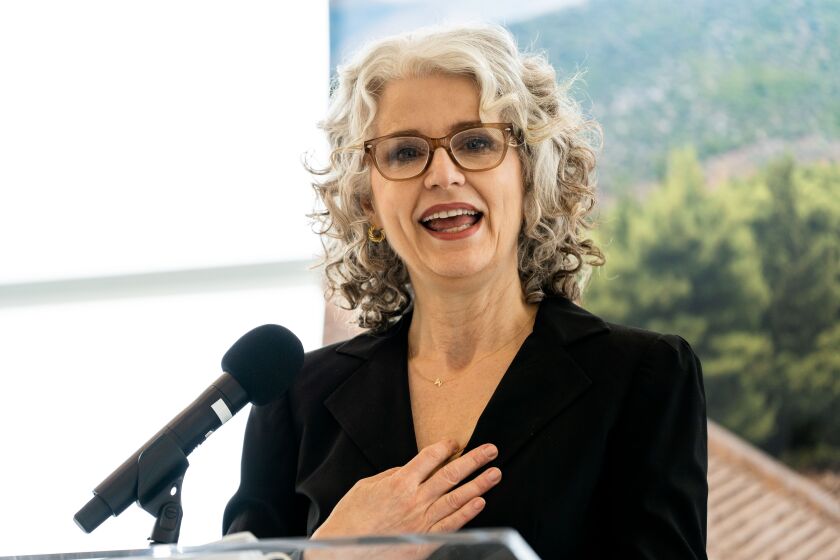 National Hellenic Museum Executive Director Marianne Kountoures speaks during “Homerathon,” a two-day event where volunteers read parts of Homer’s “The Odyssey” aloud at the National Hellenic Museum in the Greektown neighborhood, Friday, April 21, 2023. | Pat Nabong/Sun-Times