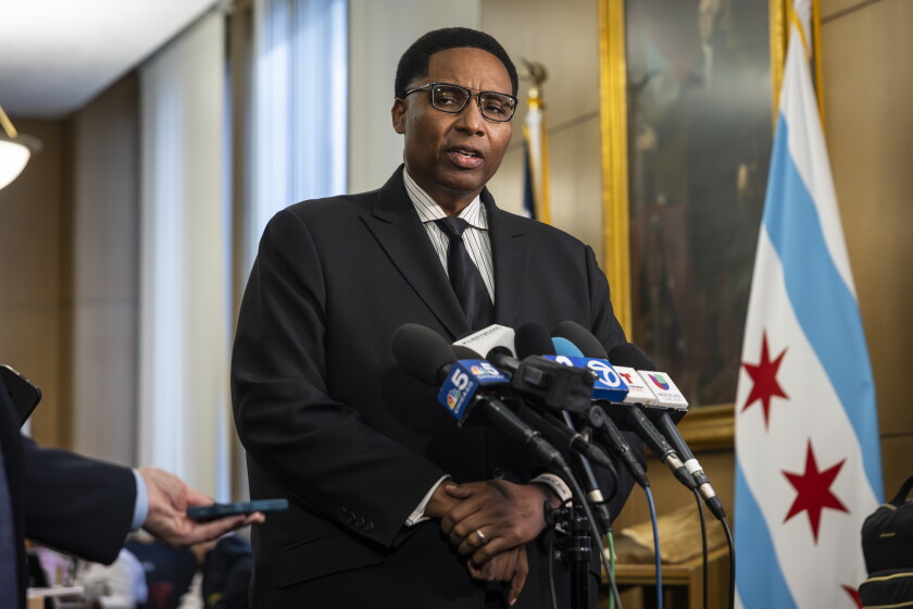 Ald. Jason Ervin (28th) speaks to reporters after Mayor Brandon Johnson presented the FY 2026 Protecting Chicago Budget during a Chicago City Council meeting at City Hall, Thursday, Oct. 16, 2025.