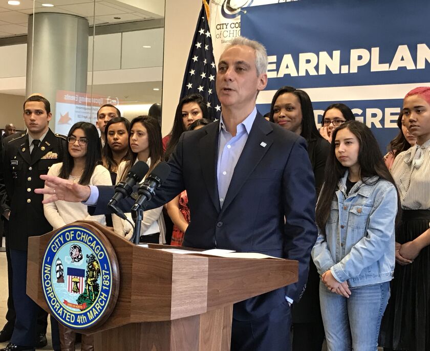 Mayor Rahm Emanuel was a Malcolm X College Wednesday to tout a new graduation requirement for CPS students — they now must have a “plan for post-secondary success.” | Fran Spielman/Sun-Times
