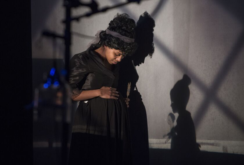 Leah Casey (and the artistry of Manual Cinema’s shadow puppetry) in a scene from Manual Cinema’s production of “Frankenstein” at Court Theatre. | Michael Brosilow