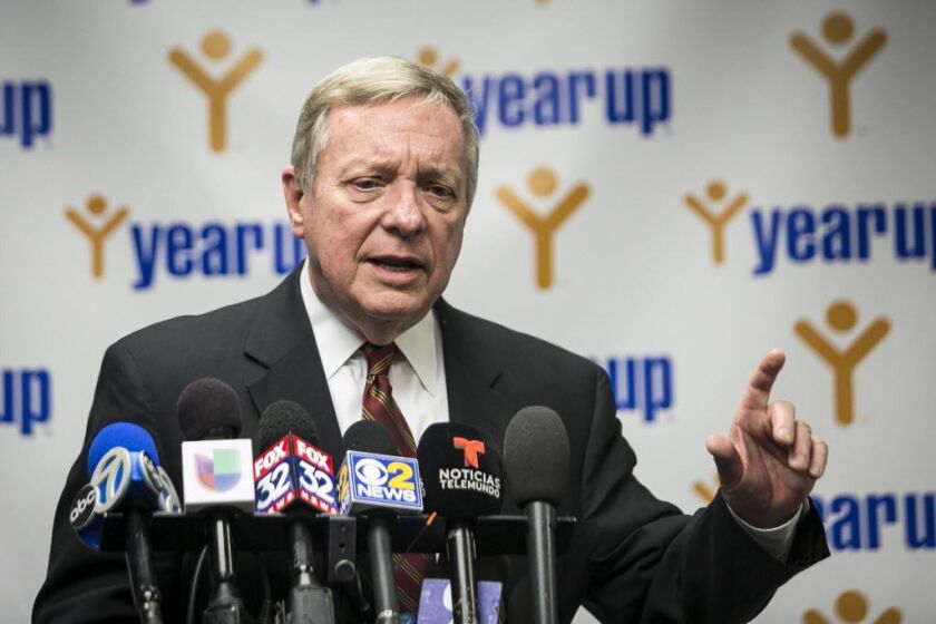 U.S. Sen. Dick Durbin speaks to reporters at Year Up Chicago, Friday, Jan. 12, 2018. | Ashlee Rezin/Sun-Times