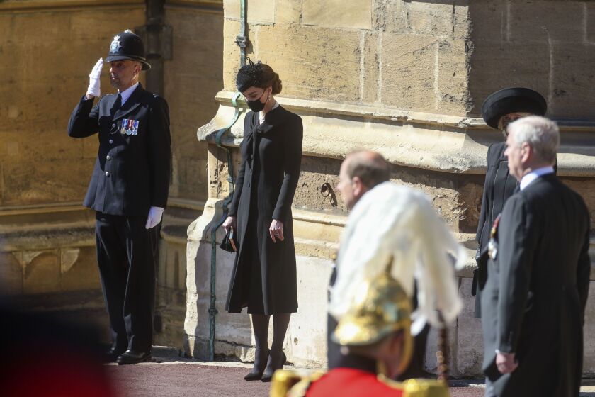 Kate, the Duchess of Cambridge, bows her head, at the Galilee Porch of St George’s Chapel, at Windsor Castle, Windsor, England, on Saturday, during the funeral of Britain’s Prince Philip.
