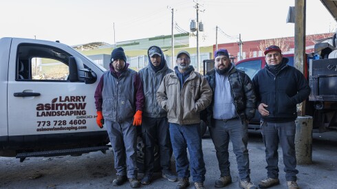 From left to right, Michael Ruiz, Misael Ruiz, Larry Asimow, Adrian Sanchez, and Jose Sanchez stand for a photo at Larry Asimow Landscaping at 5401 N. Wolcott in Edgewater, Monday, Nov. 17, 2025.