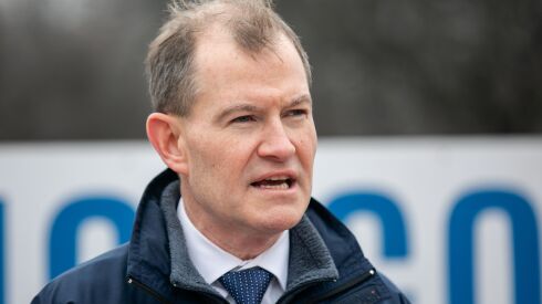Chicago Department of Transportation’s First Deputy Commissioner Tom Carney speaks during a press conference near the intersection of West Fullerton Avenue and North Narragansett Avenue in the Belmont Cragin neighborhood.
