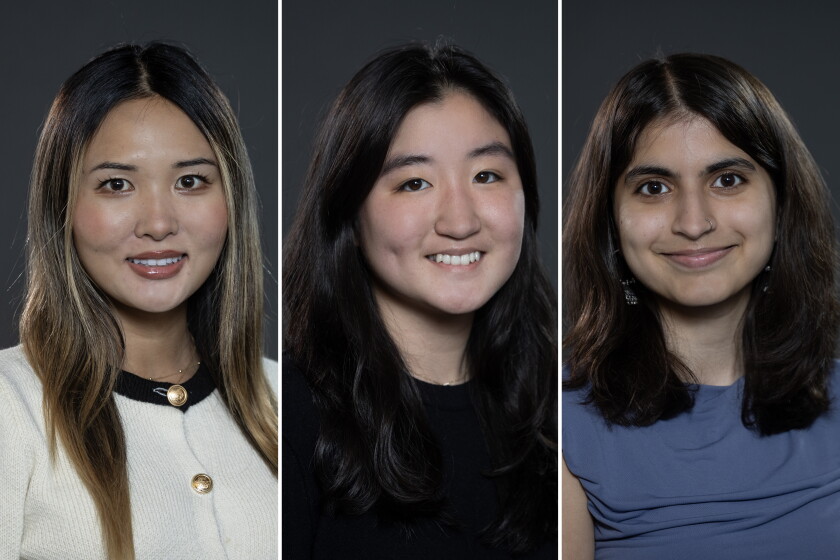 (Clockwise) Jasmine Kim, Eleanor Song and Misha Manjuran Oberoi at the Chicago Public Media studio, Tuesday, Oct. 6, 2026.