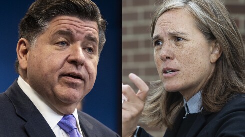 Gov. JB Pritzker and Illinois Transportation Secretary Gia Biagi.